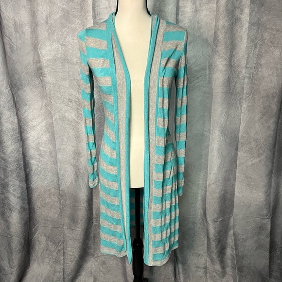 Pretty Young Thing Robin’s Egg Blue & Light Gray Open Front Long Sleeve Duster - Picture 1 of 8